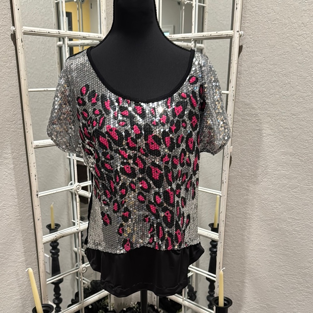 Sequin Leopard Print Top - Pink and Silver